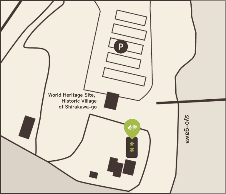Map of Gassho locations within Shirakawa-go. Located just south-west of the Deai Bridge and just south of the car park.